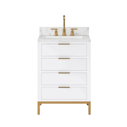 Water Creation Bristol 24" Single Sink Carrara White Marble Countertop Bath Vanity in Pure White with Satin Gold Gooseneck Faucet
