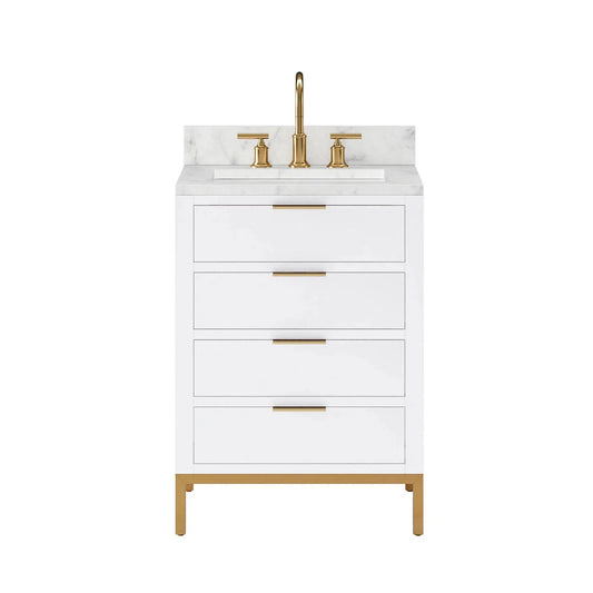 Water Creation Bristol 24" Single Sink Carrara White Marble Countertop Bath Vanity in Pure White with Satin Gold Gooseneck Faucet