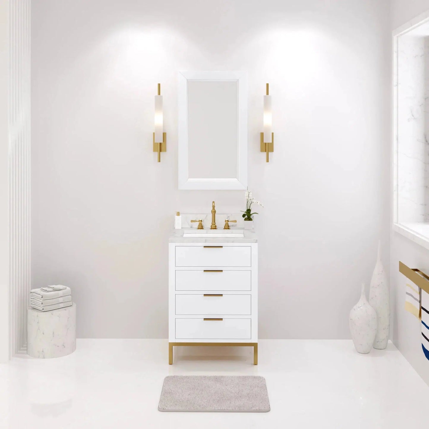 Water Creation Bristol 24" Single Sink Carrara White Marble Countertop Bath Vanity in Pure White with Satin Gold Hook Faucet and Rectangular Mirror (S)