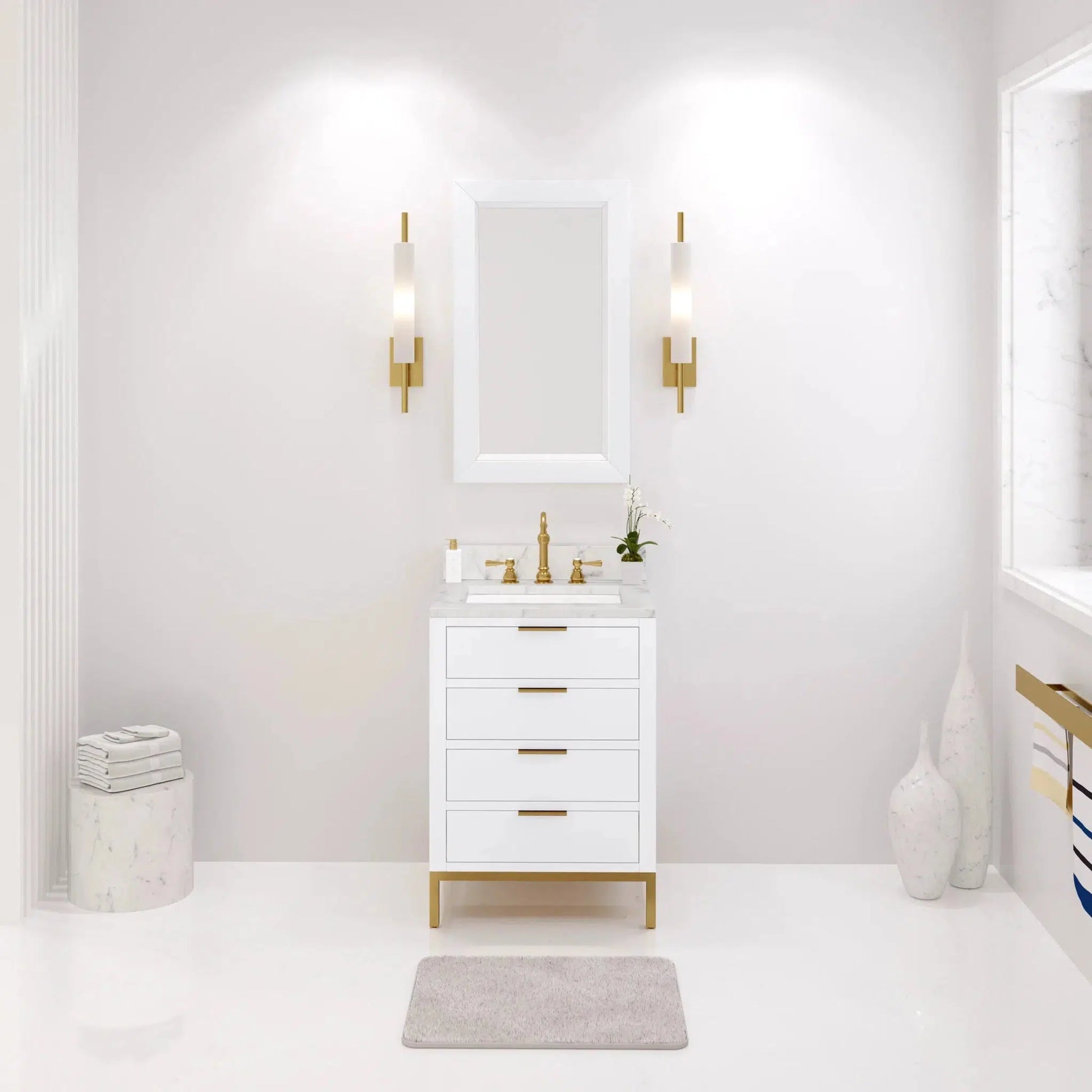 Water Creation Bristol 24" Single Sink Carrara White Marble Countertop Bath Vanity in Pure White with Satin Gold Hook Faucet and Rectangular Mirror (S)