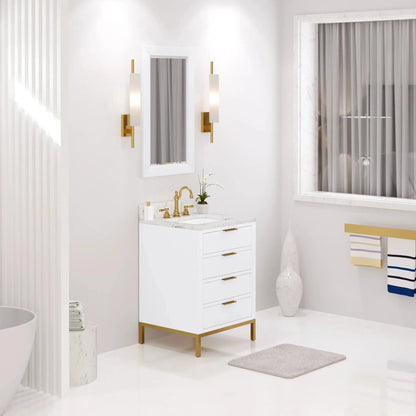 Water Creation Bristol 24" Single Sink Carrara White Marble Countertop Bath Vanity in Pure White with Satin Gold Hook Faucet and Rectangular Mirror (S)