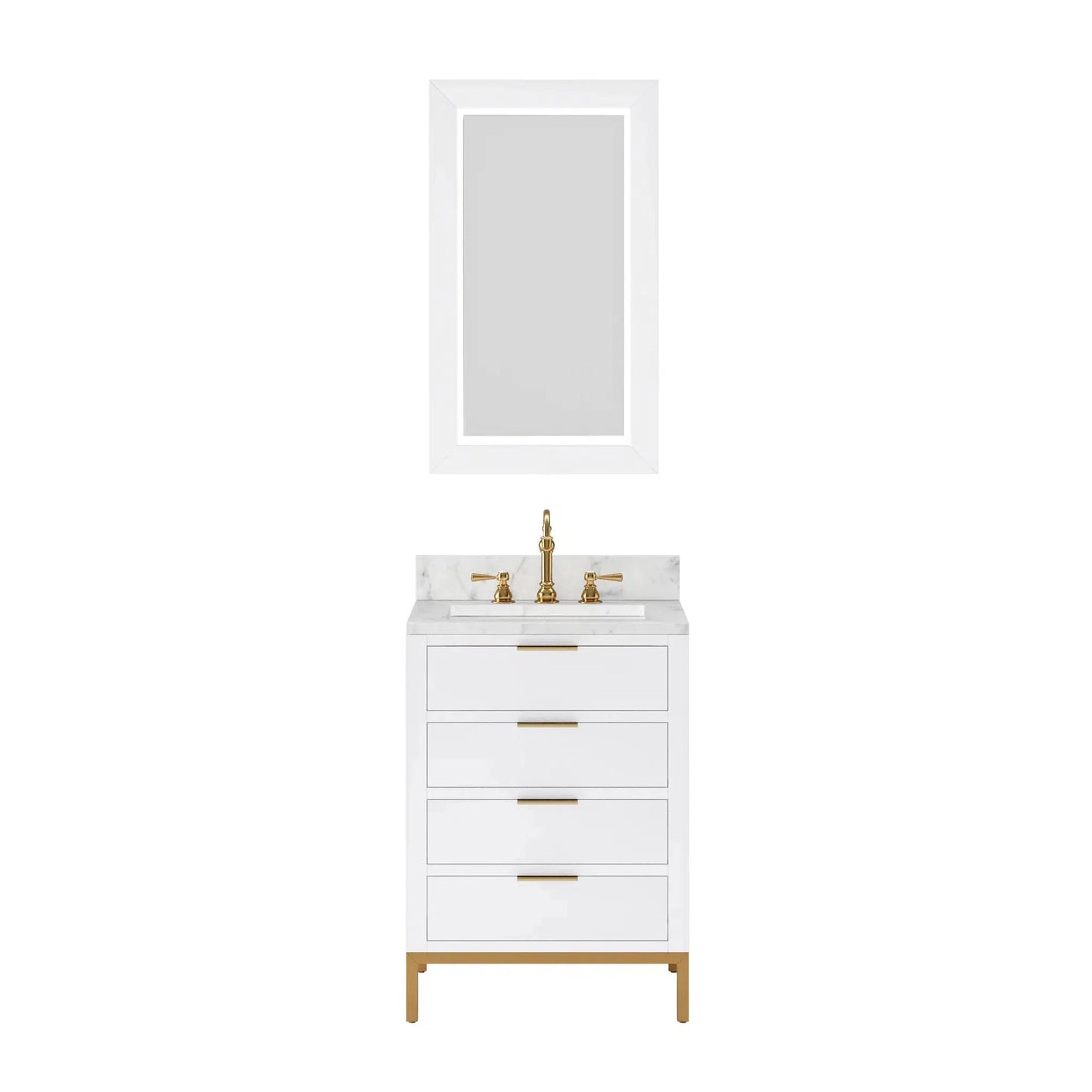 Water Creation Bristol 24" Single Sink Carrara White Marble Countertop Bath Vanity in Pure White with Satin Gold Hook Faucet and Rectangular Mirror (S)