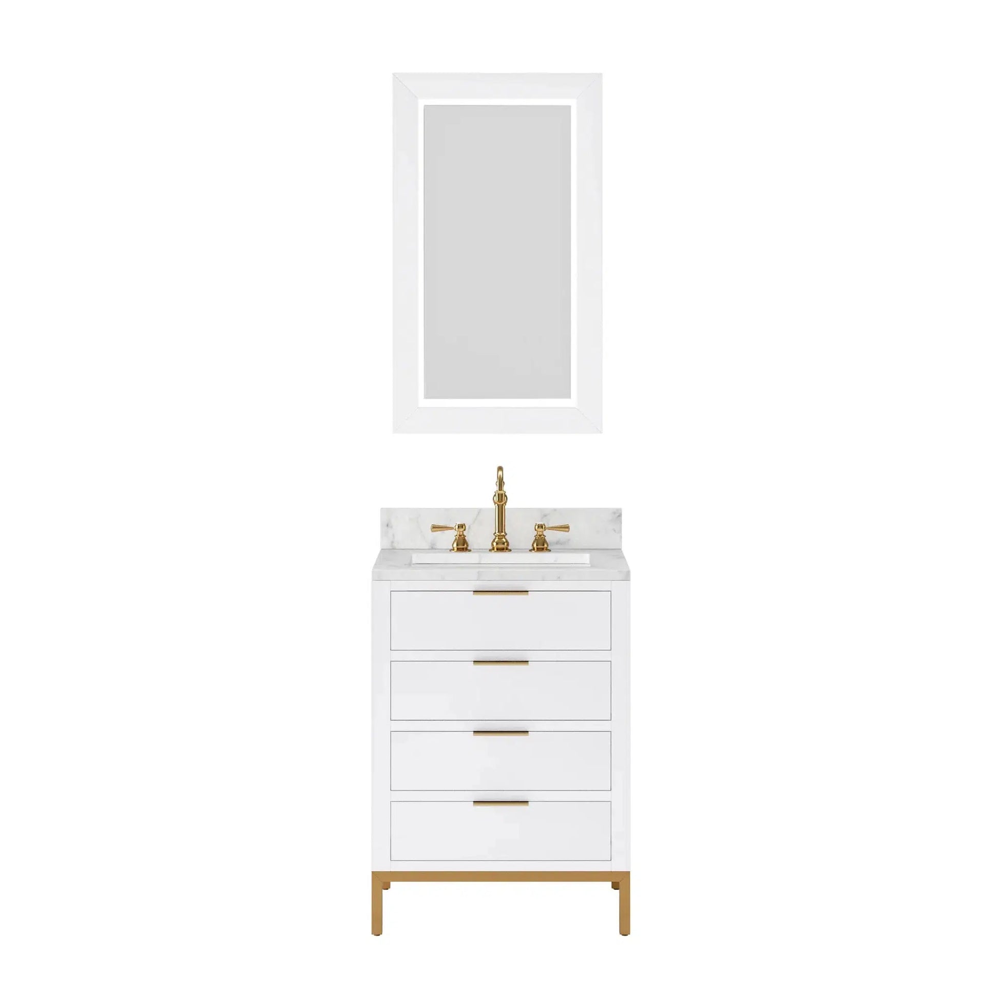Water Creation Bristol 24" Single Sink Carrara White Marble Countertop Bath Vanity in Pure White with Satin Gold Hook Faucet and Rectangular Mirror (S)