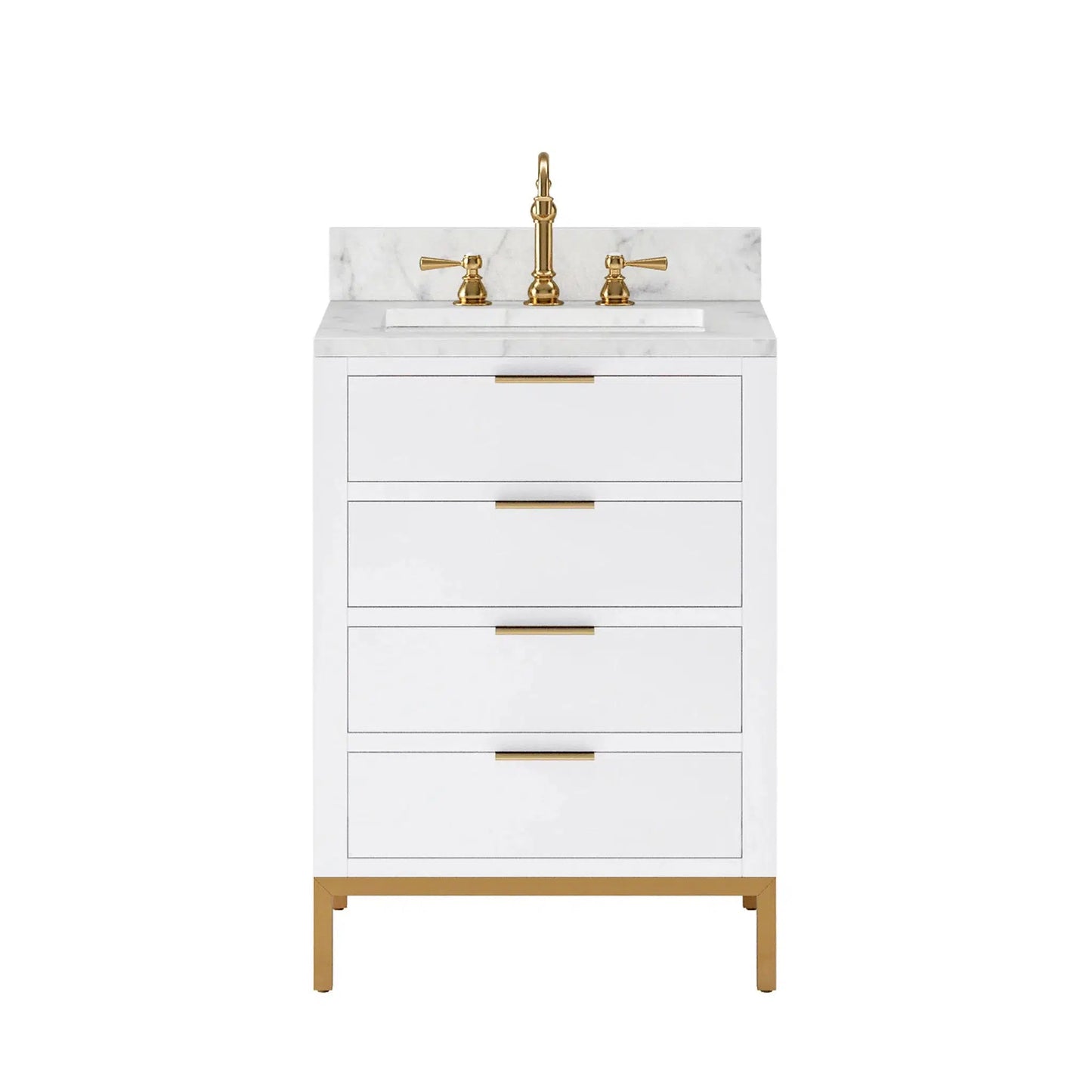 Water Creation Bristol 24'' Single Sink Carrara White Marble Countertop Bath Vanity in Pure White with Satin Gold Hook Faucet