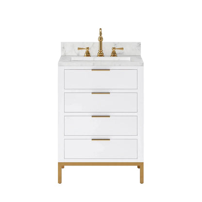 Water Creation Bristol 24'' Single Sink Carrara White Marble Countertop Bath Vanity in Pure White with Satin Gold Hook Faucet