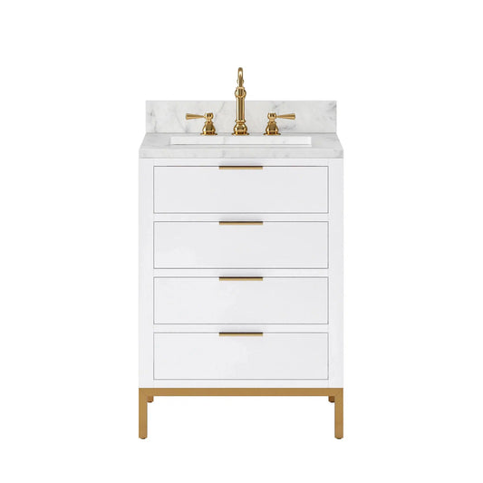 Water Creation Bristol 24'' Single Sink Carrara White Marble Countertop Bath Vanity in Pure White with Satin Gold Hook Faucet