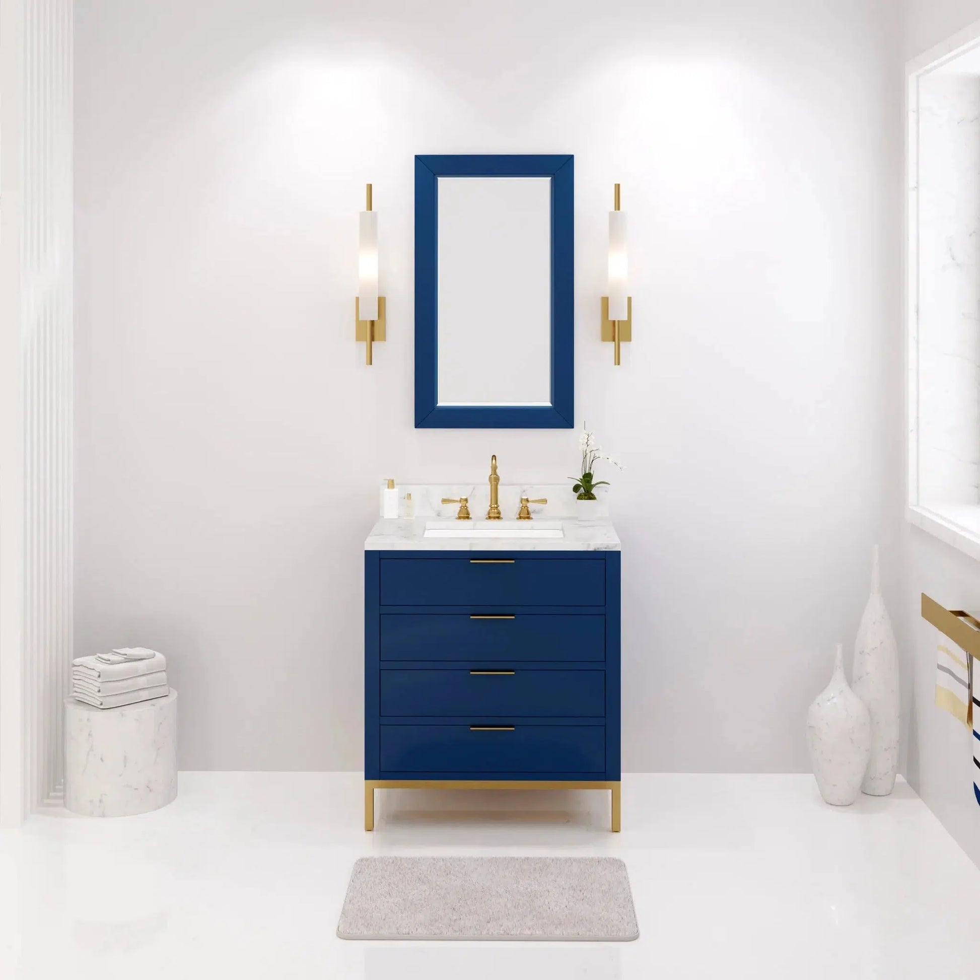 Water Creation Bristol 30" Single Sink Carrara White Marble Countertop Bath Vanity in Monarch Blue