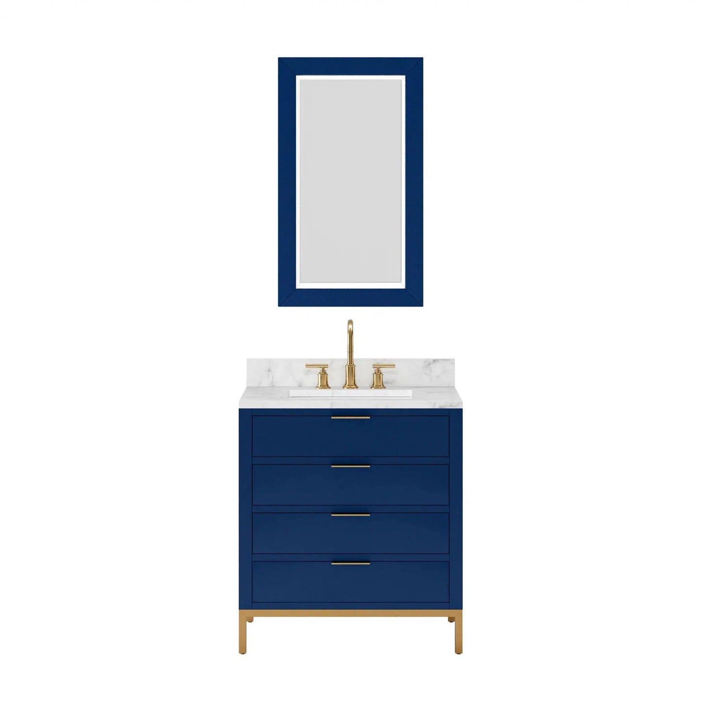 Water Creation Bristol 30" Single Sink Carrara White Marble Countertop Bath Vanity in Monarch Blue with Satin Gold Gooseneck Faucet and Rectangular Mirror (S)