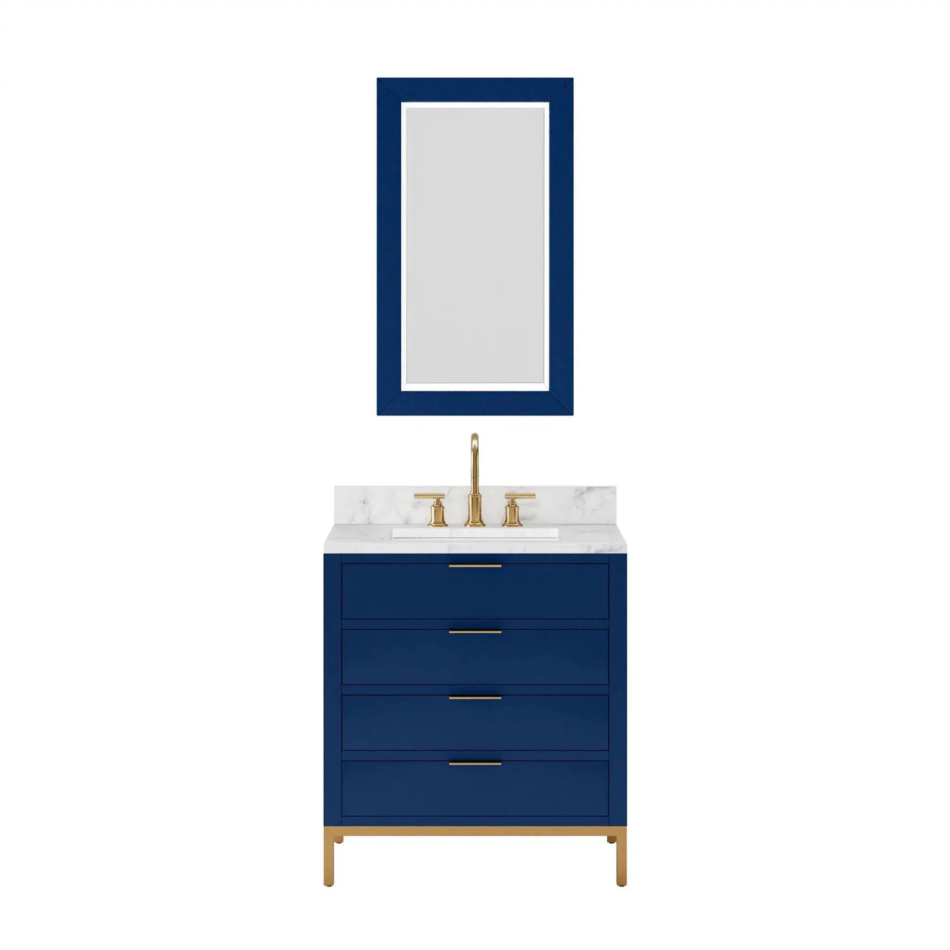 Water Creation Bristol 30" Single Sink Carrara White Marble Countertop Bath Vanity in Monarch Blue with Satin Gold Gooseneck Faucet and Rectangular Mirror (S)
