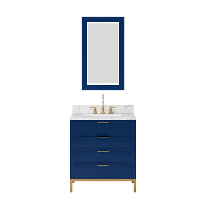 Water Creation Bristol 30" Single Sink Carrara White Marble Countertop Bath Vanity in Monarch Blue with Satin Gold Gooseneck Faucet and Rectangular Mirror (S)
