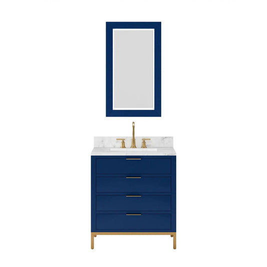 Water Creation Bristol 30" Single Sink Carrara White Marble Countertop Bath Vanity in Monarch Blue with Satin Gold Gooseneck Faucet and Rectangular Mirror (S)
