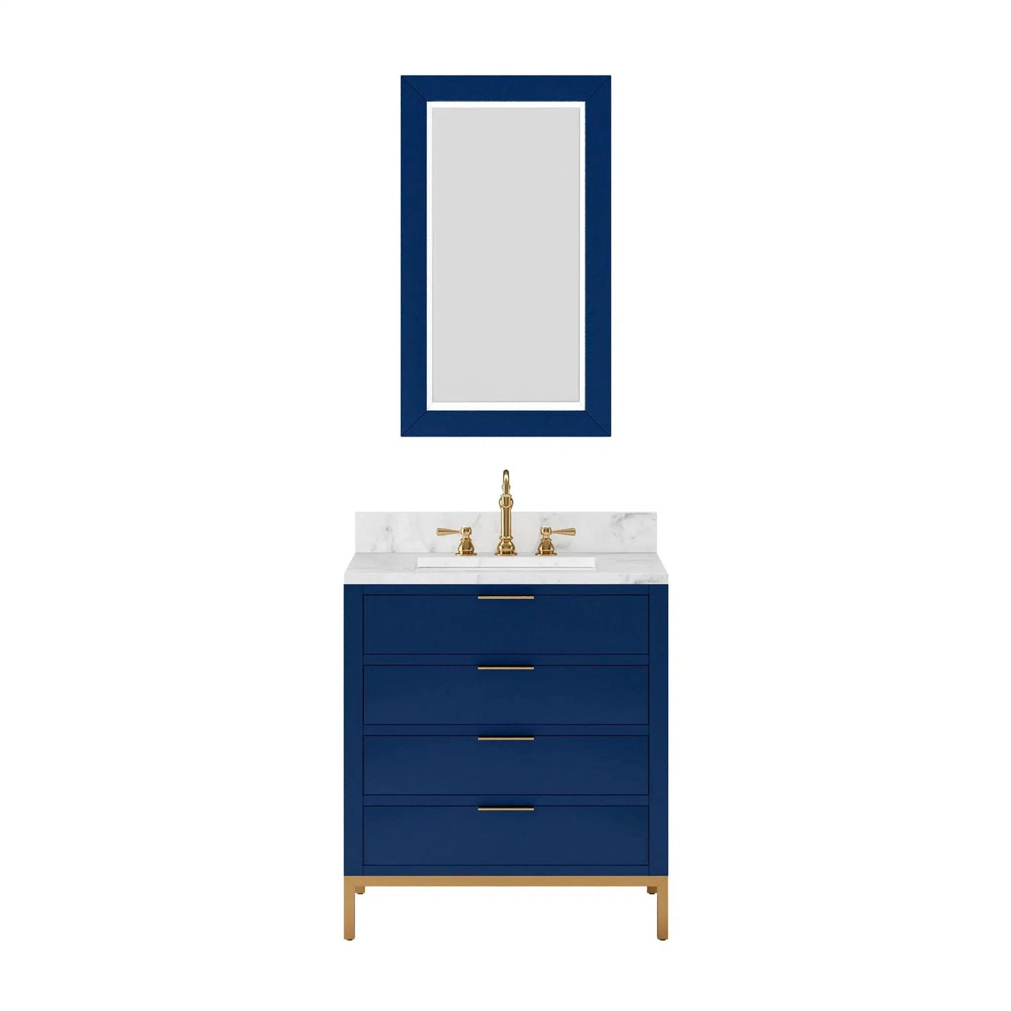 Water Creation Bristol 30" Single Sink Carrara White Marble Countertop Bath Vanity in Monarch Blue with Satin Gold Hook Faucet and Rectangular Mirror (S)
