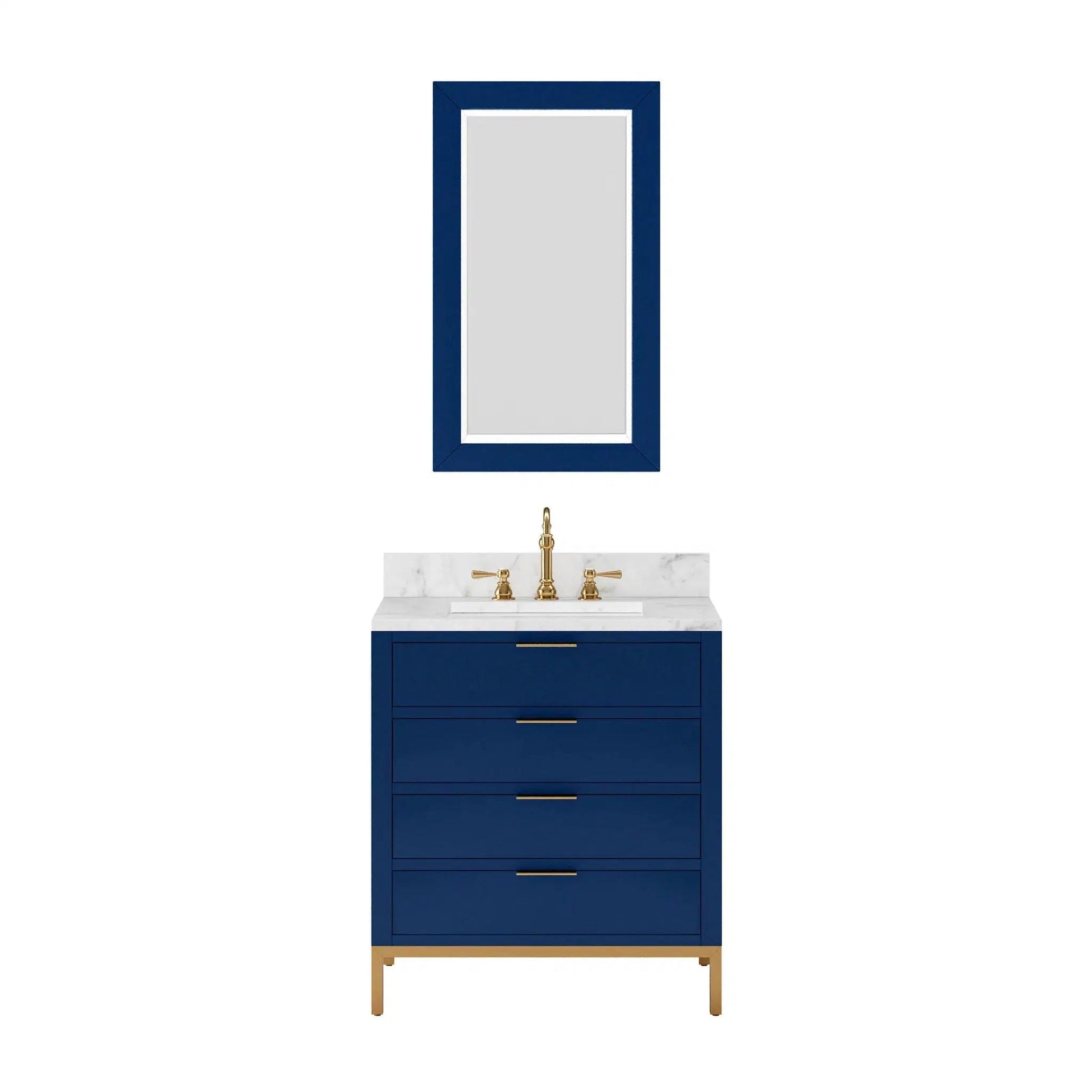 Water Creation Bristol 30" Single Sink Carrara White Marble Countertop Bath Vanity in Monarch Blue with Satin Gold Hook Faucet and Rectangular Mirror (S)