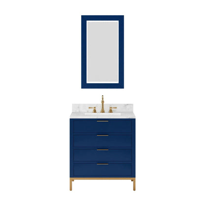 Water Creation Bristol 30" Single Sink Carrara White Marble Countertop Bath Vanity in Monarch Blue with Satin Gold Hook Faucet and Rectangular Mirror (S)