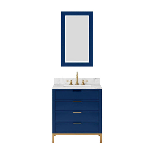 Water Creation Bristol 30" Single Sink Carrara White Marble Countertop Bath Vanity in Monarch Blue with Satin Gold Hook Faucet and Rectangular Mirror (S)