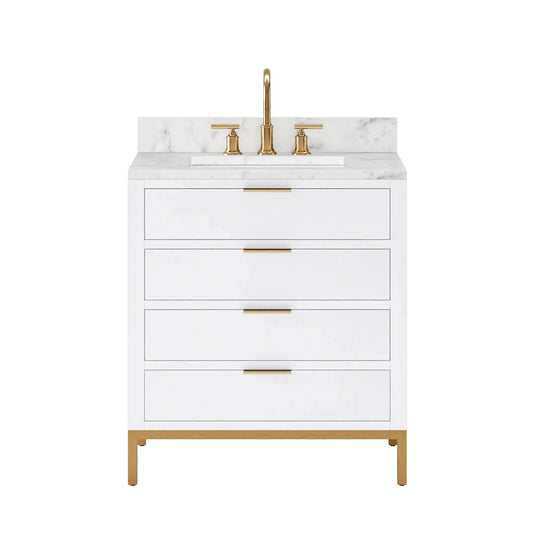 Water Creation Bristol 30" Single Sink Carrara White Marble Countertop Bath Vanity in Pure White with Satin Gold Gooseneck Faucet