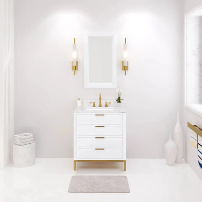 Water Creation Bristol 30" Single Sink Carrara White Marble Countertop Bath Vanity in Pure White with Satin Gold Hook Faucet and Rectangular Mirror (S)