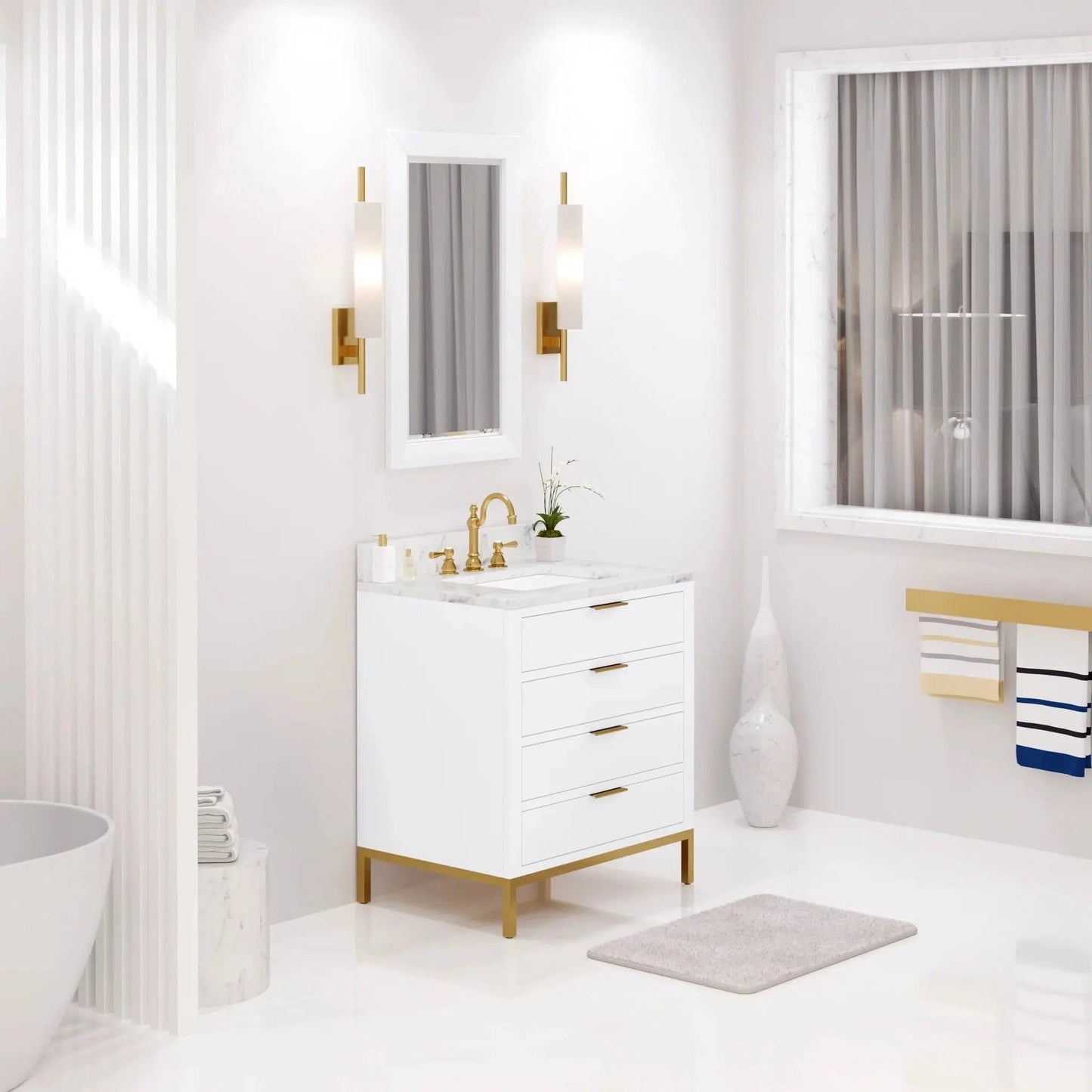 Water Creation Bristol 30" Single Sink Carrara White Marble Countertop Bath Vanity in Pure White with Satin Gold Hook Faucet and Rectangular Mirror (S)