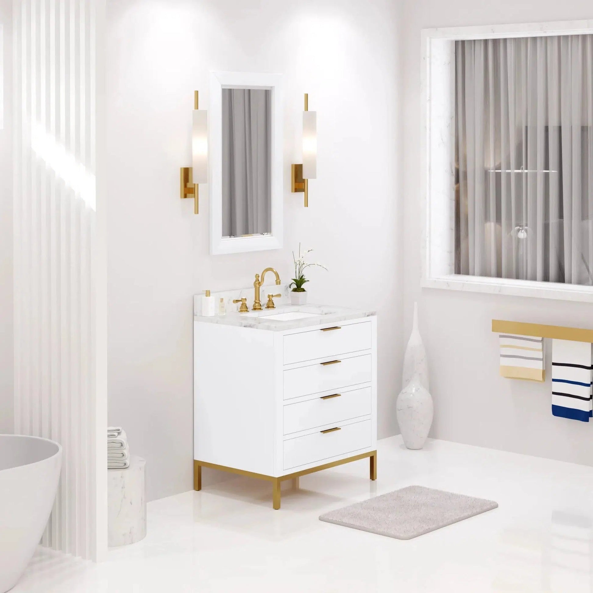 Water Creation Bristol 30" Single Sink Carrara White Marble Countertop Bath Vanity in Pure White with Satin Gold Hook Faucet and Rectangular Mirror (S)