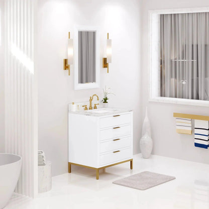 Water Creation Bristol 30" Single Sink Carrara White Marble Countertop Bath Vanity in Pure White with Satin Gold Hook Faucet and Rectangular Mirror (S)