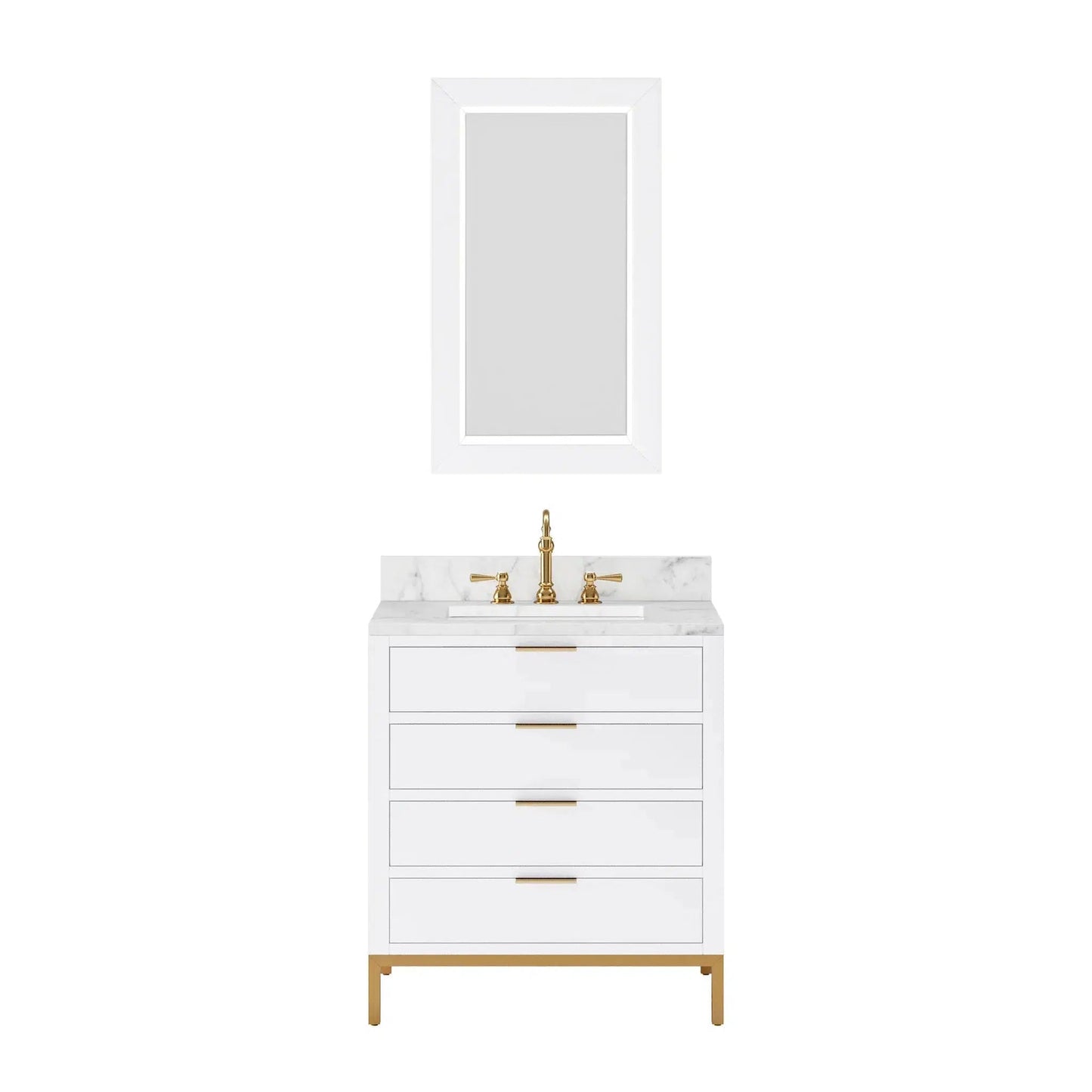 Water Creation Bristol 30" Single Sink Carrara White Marble Countertop Bath Vanity in Pure White with Satin Gold Hook Faucet and Rectangular Mirror (S)