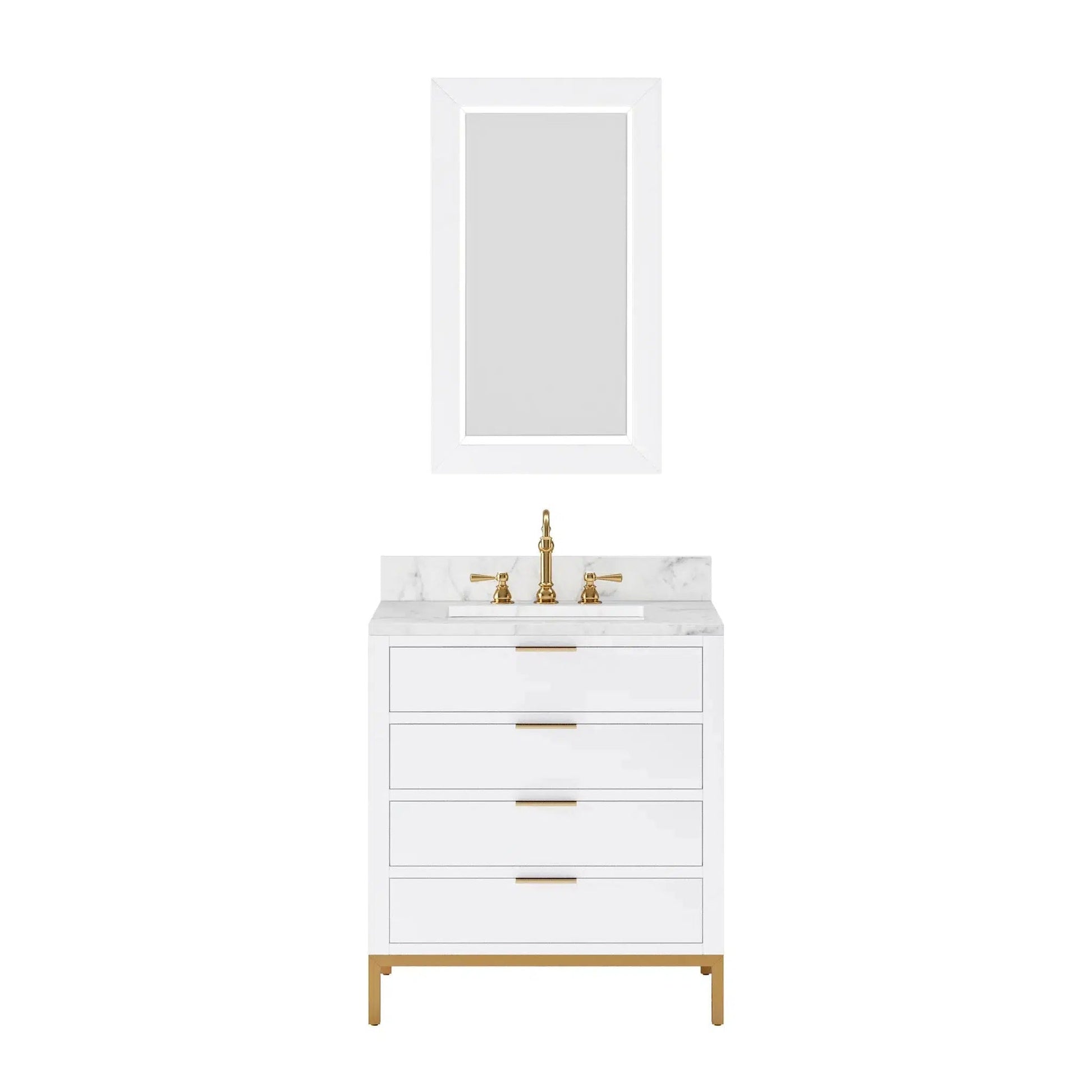 Water Creation Bristol 30" Single Sink Carrara White Marble Countertop Bath Vanity in Pure White with Satin Gold Hook Faucet and Rectangular Mirror (S)
