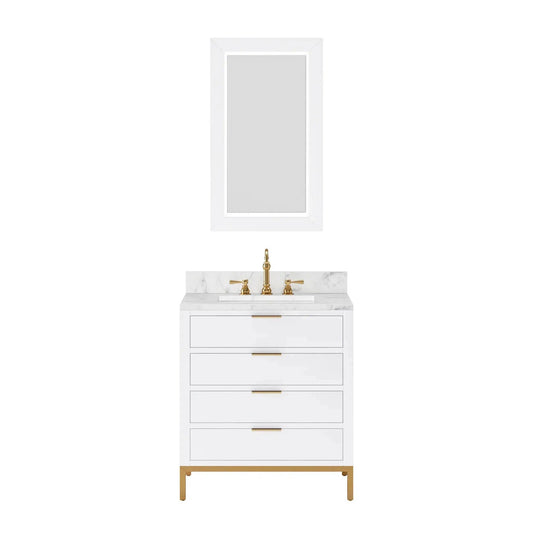 Water Creation Bristol 30" Single Sink Carrara White Marble Countertop Bath Vanity in Pure White with Satin Gold Hook Faucet and Rectangular Mirror (S)
