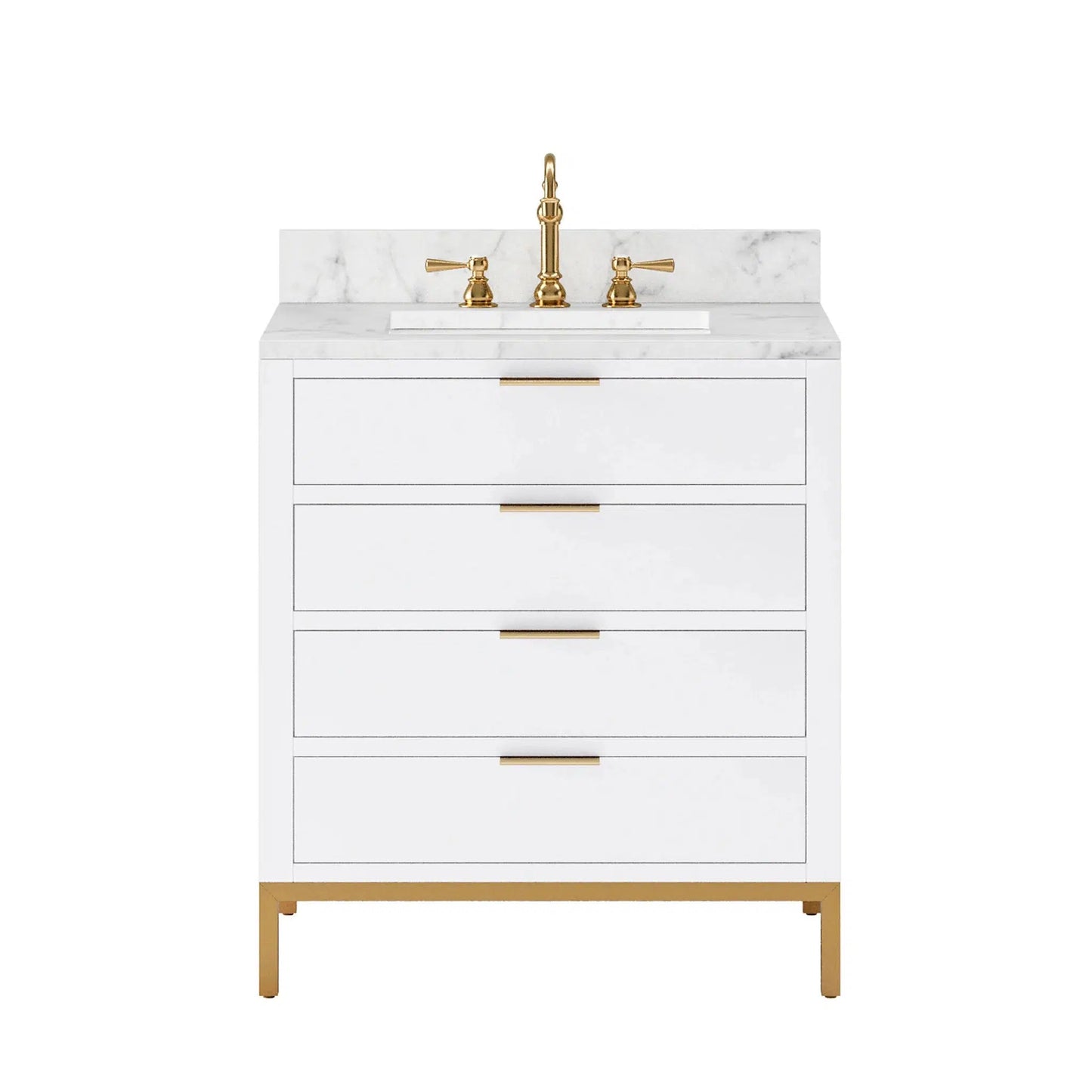 Water Creation Bristol 30" Single Sink Carrara White Marble Countertop Bath Vanity in Pure White with Satin Gold Hook Faucet