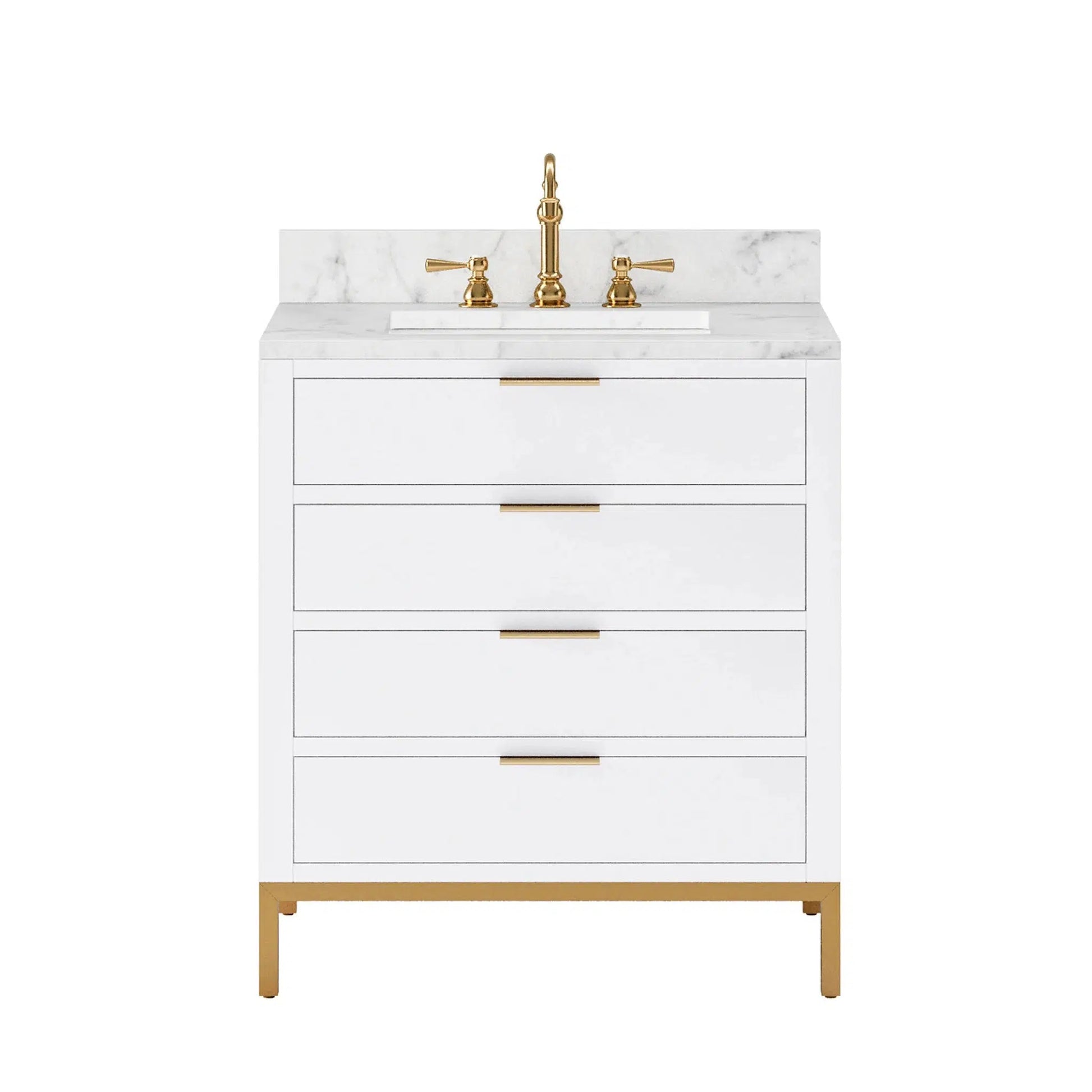 Water Creation Bristol 30" Single Sink Carrara White Marble Countertop Bath Vanity in Pure White with Satin Gold Hook Faucet