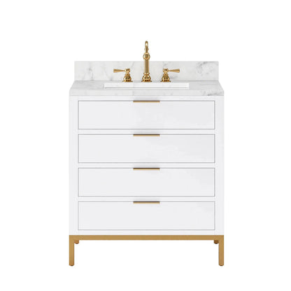 Water Creation Bristol 30" Single Sink Carrara White Marble Countertop Bath Vanity in Pure White with Satin Gold Hook Faucet