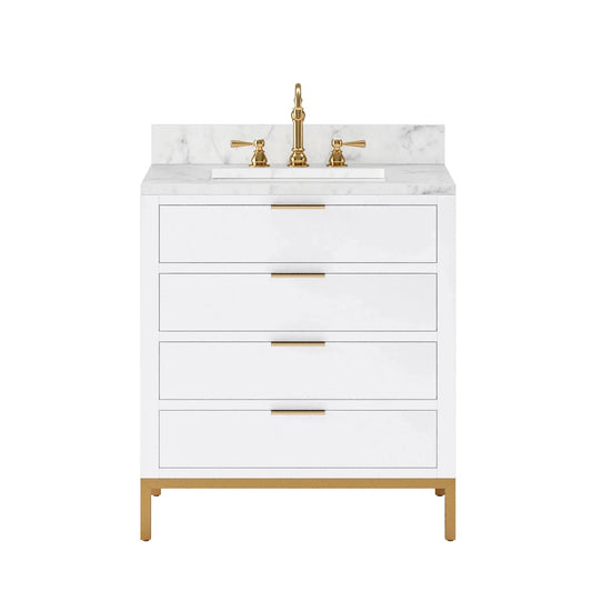 Water Creation Bristol 30" Single Sink Carrara White Marble Countertop Bath Vanity in Pure White with Satin Gold Hook Faucet