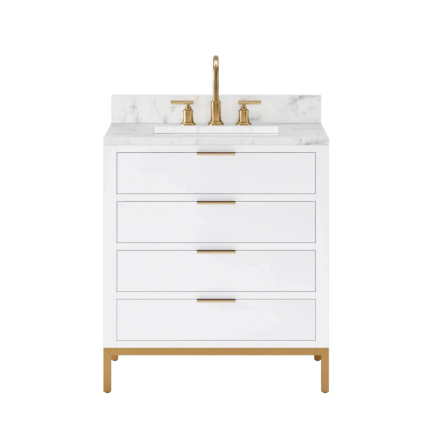 Water Creation Bristol 30" Single Sink Carrara White Marble Countertop Bath Vanity in Pure White