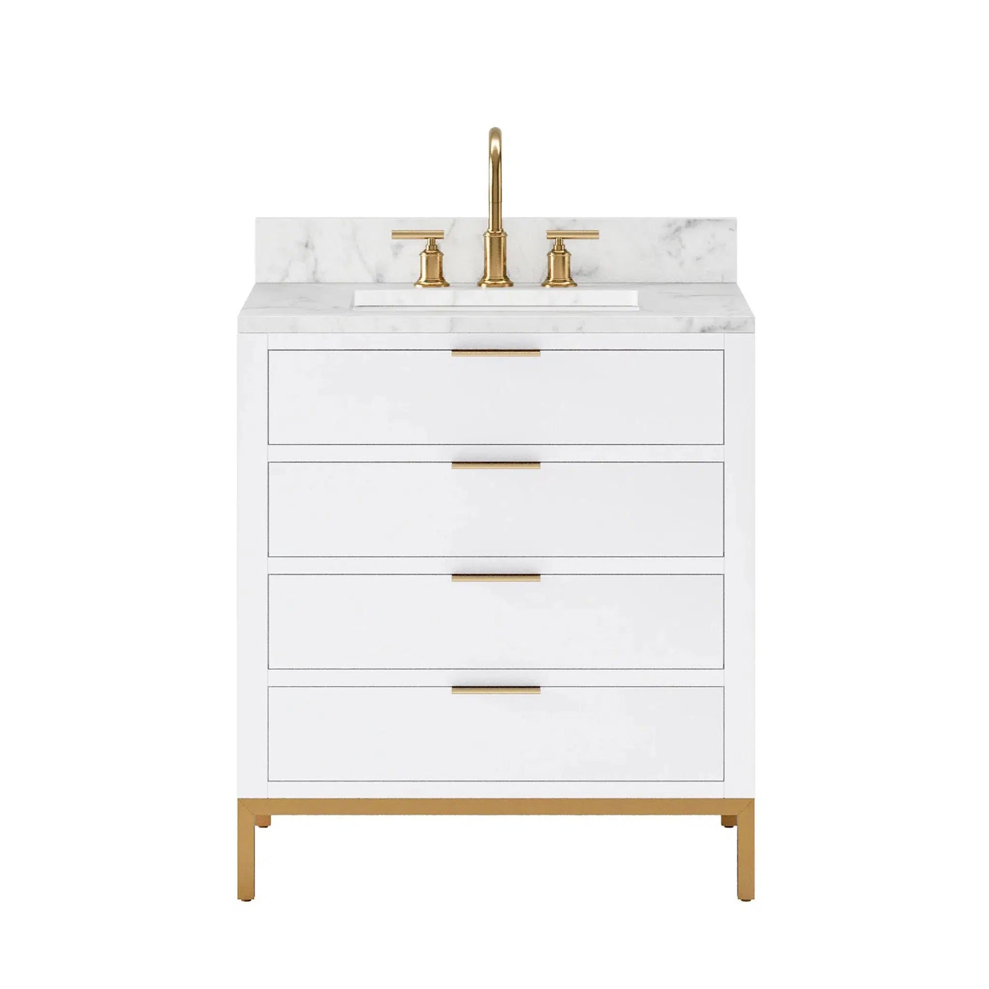 Water Creation Bristol 30" Single Sink Carrara White Marble Countertop Bath Vanity in Pure White