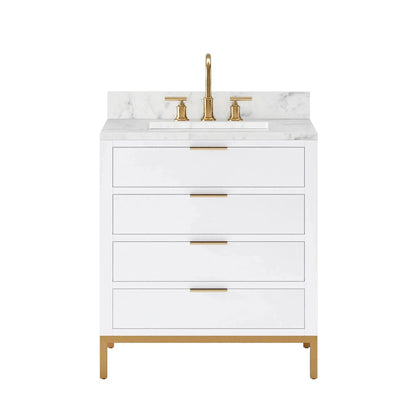 Water Creation Bristol 30" Single Sink Carrara White Marble Countertop Bath Vanity in Pure White