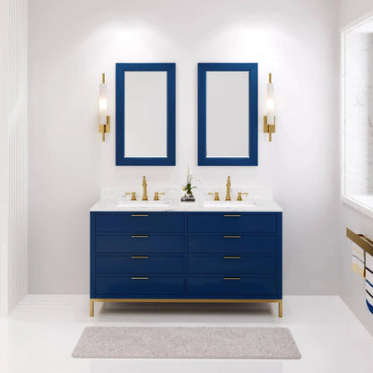 Water Creation Bristol 60'' Double Sink Carrara White Marble Countertop Bath Vanity in Monarch Blue