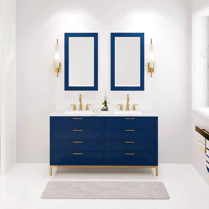 Water Creation Bristol 60'' Double Sink Carrara White Marble Countertop Bath Vanity in Monarch Blue with Satin Gold Gooseneck Faucets and Rectangular Mirrors (S)