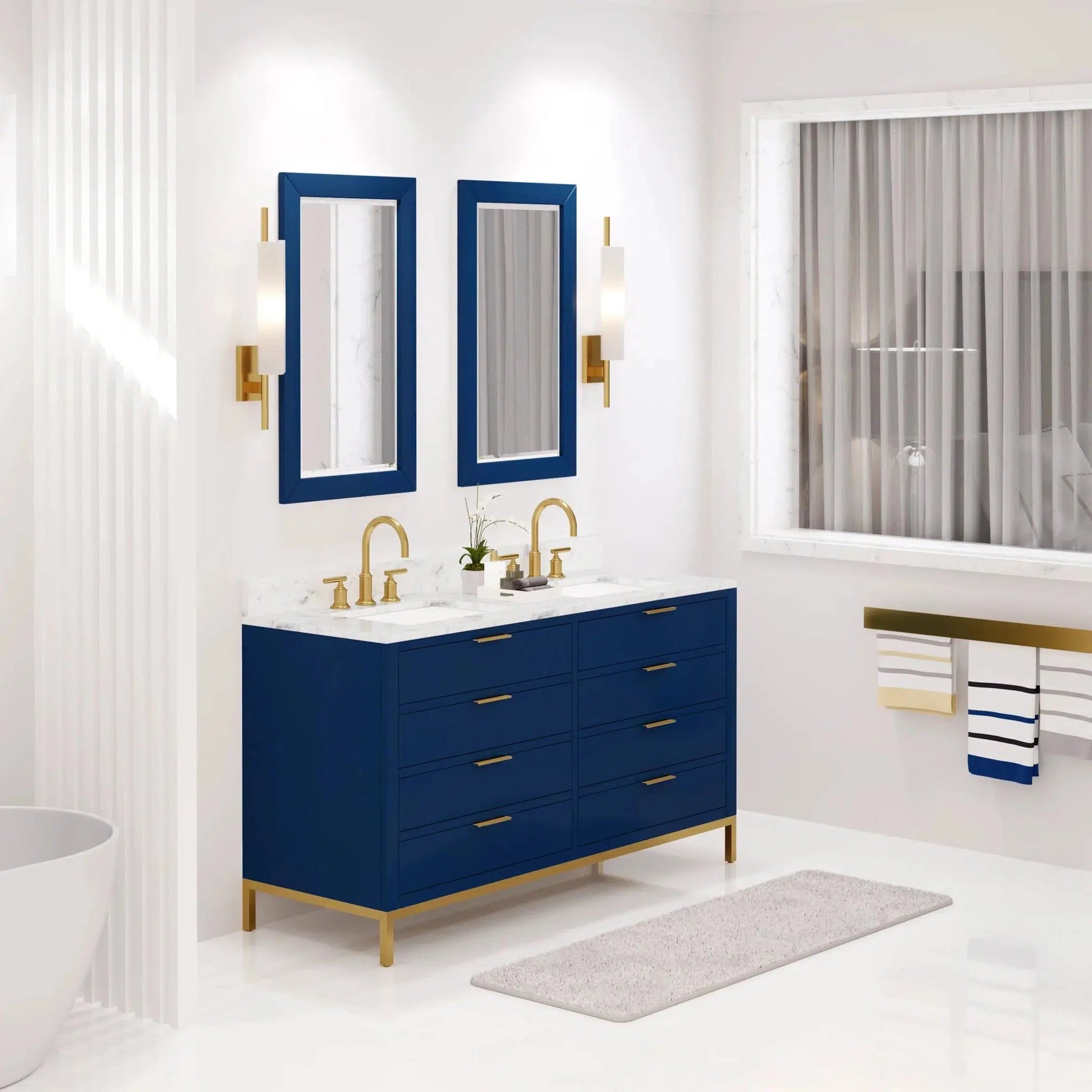 Water Creation Bristol 60'' Double Sink Carrara White Marble Countertop Bath Vanity in Monarch Blue with Satin Gold Gooseneck Faucets and Rectangular Mirrors (S)