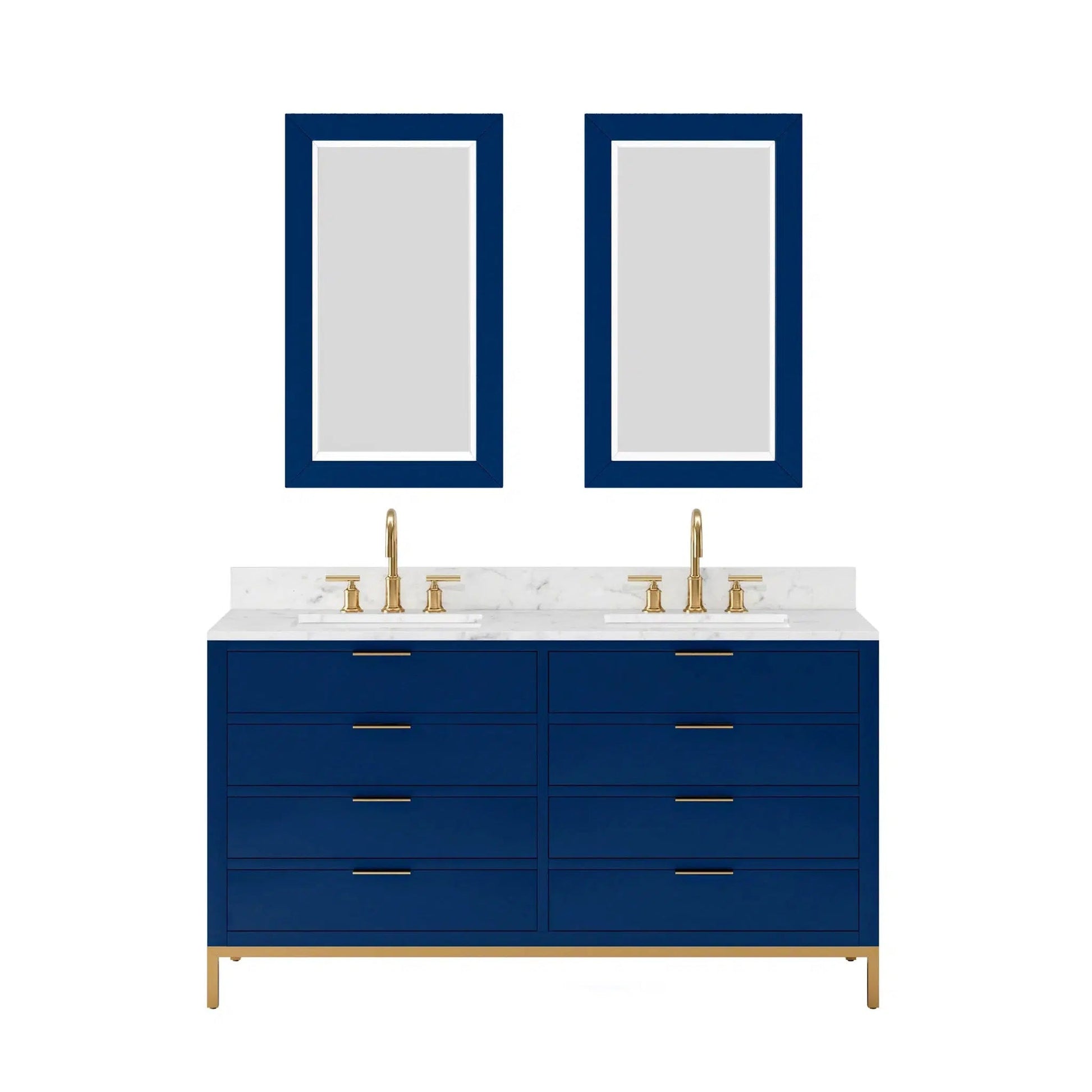 Water Creation Bristol 60'' Double Sink Carrara White Marble Countertop Bath Vanity in Monarch Blue with Satin Gold Gooseneck Faucets and Rectangular Mirrors (S)