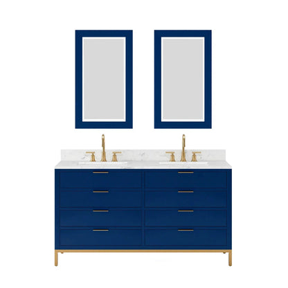 Water Creation Bristol 60'' Double Sink Carrara White Marble Countertop Bath Vanity in Monarch Blue with Satin Gold Gooseneck Faucets and Rectangular Mirrors (S)