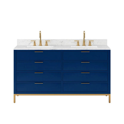 Water Creation Bristol 60" Double Sink Carrara White Marble Countertop Bath Vanity in Monarch Blue with Satin Gold Gooseneck Faucets