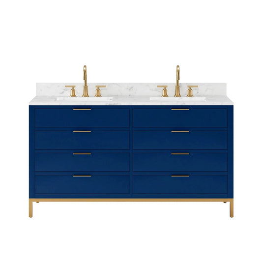 Water Creation Bristol 60" Double Sink Carrara White Marble Countertop Bath Vanity in Monarch Blue with Satin Gold Gooseneck Faucets