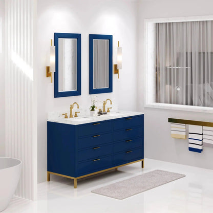 Water Creation Bristol 60'' Double Sink Carrara White Marble Countertop Bath Vanity in Monarch Blue with Satin Gold Hook Faucets and Rectangular Mirrors (S)