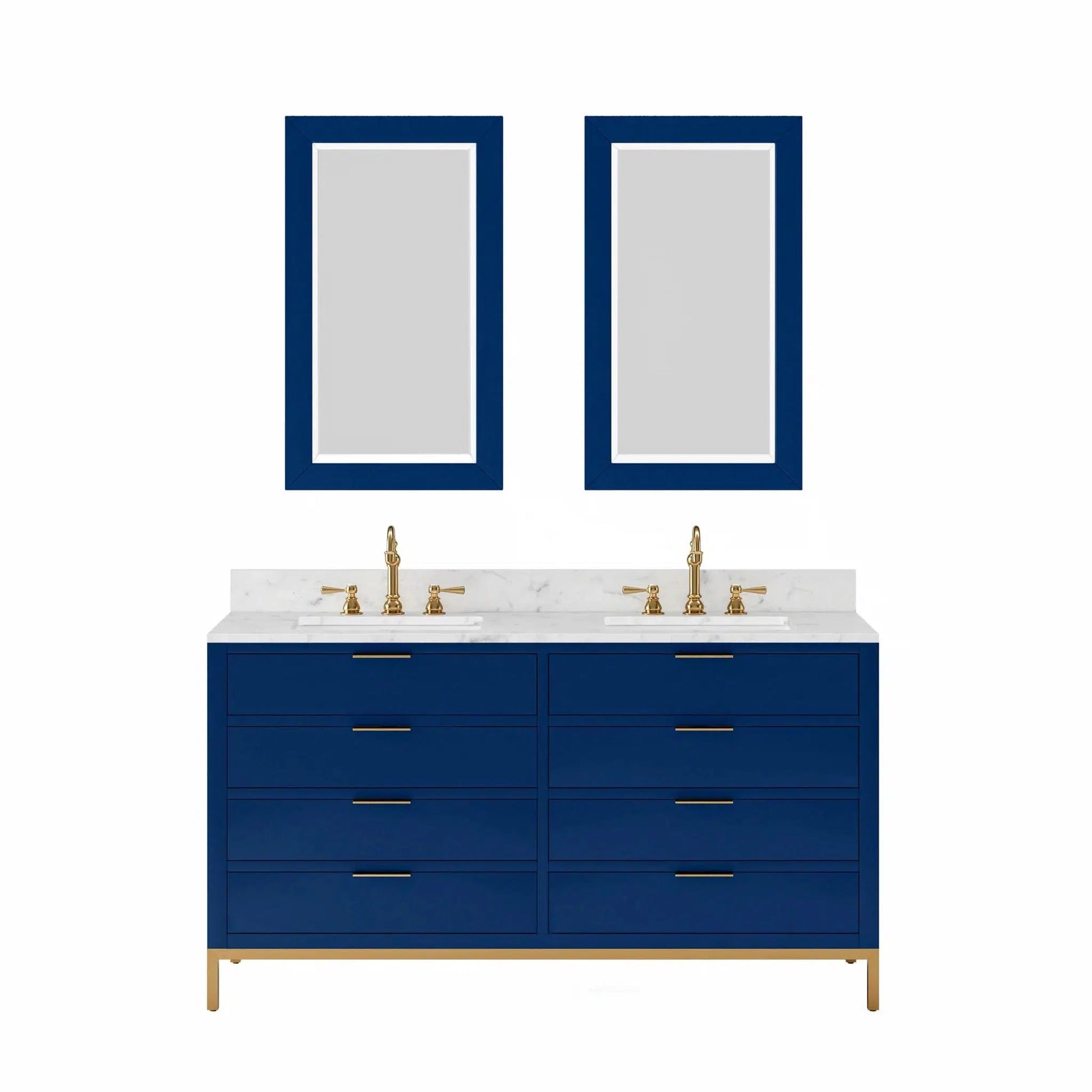 Water Creation Bristol 60'' Double Sink Carrara White Marble Countertop Bath Vanity in Monarch Blue with Satin Gold Hook Faucets and Rectangular Mirrors (S)