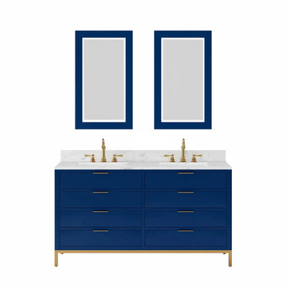 Water Creation Bristol 60'' Double Sink Carrara White Marble Countertop Bath Vanity in Monarch Blue with Satin Gold Hook Faucets and Rectangular Mirrors (S)
