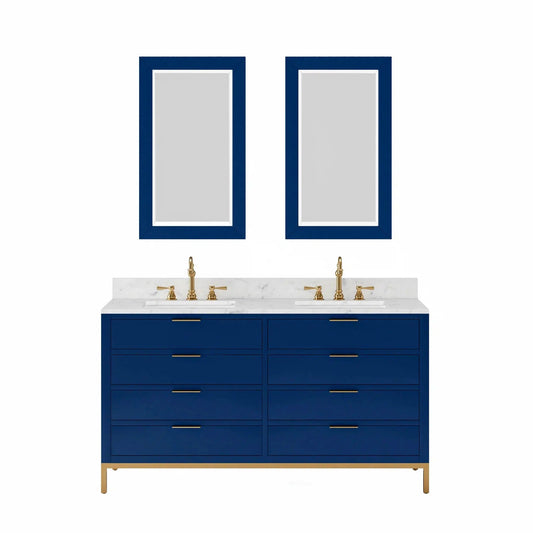 Water Creation Bristol 60'' Double Sink Carrara White Marble Countertop Bath Vanity in Monarch Blue with Satin Gold Hook Faucets and Rectangular Mirrors (S)