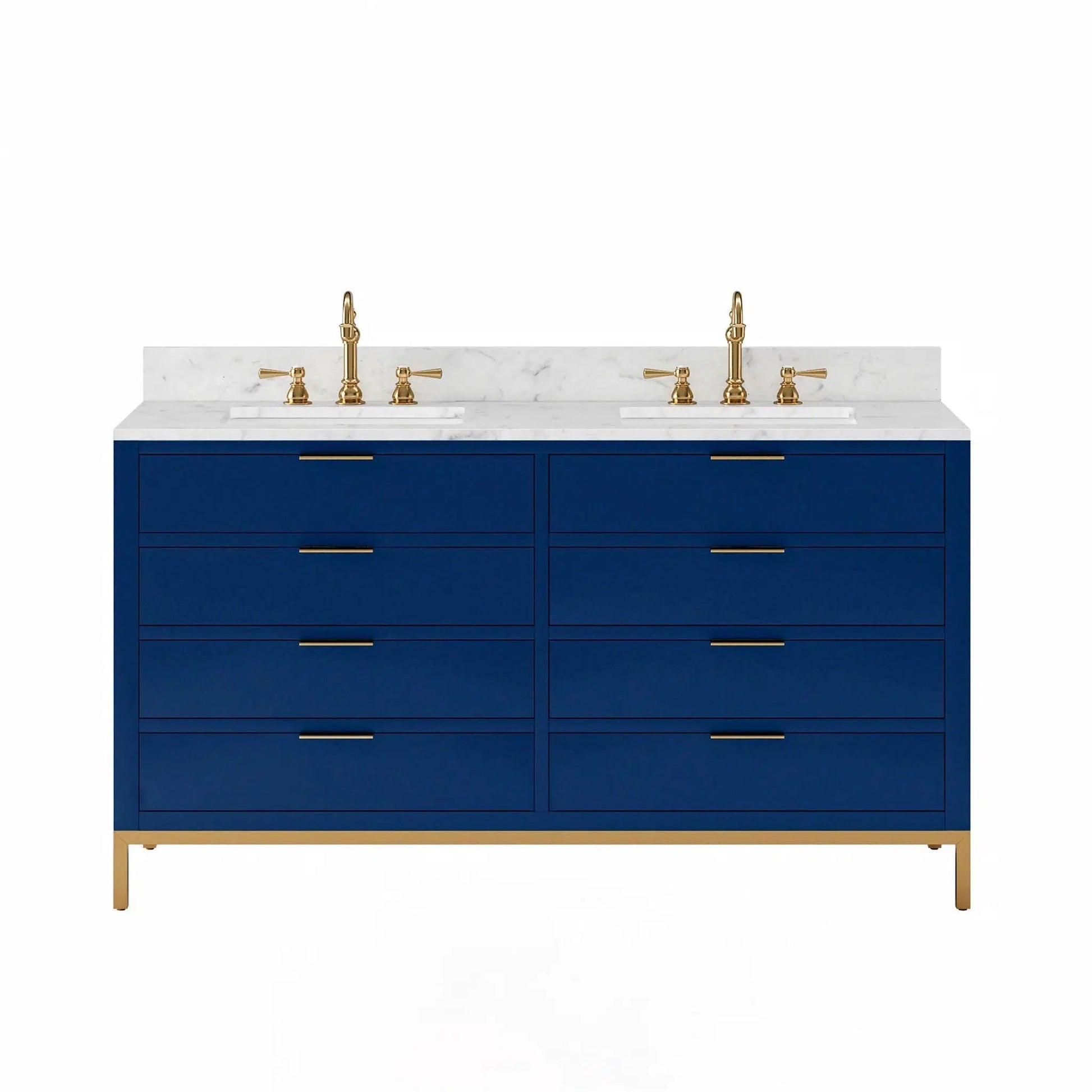 Water Creation Bristol 60" Double Sink Carrara White Marble Countertop Bath Vanity in Monarch Blue with Satin Gold Hook Faucets