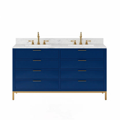 Water Creation Bristol 60" Double Sink Carrara White Marble Countertop Bath Vanity in Monarch Blue with Satin Gold Hook Faucets
