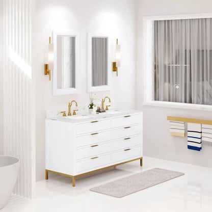 Water Creation Bristol 60'' Double Sink Carrara White Marble Countertop Bath Vanity in Pure White