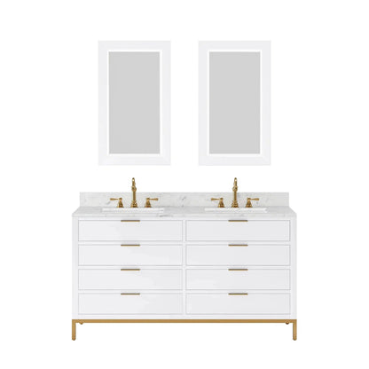 Water Creation Bristol 60" Double Sink Carrara White Marble Countertop Bath Vanity in Pure White with Rectangular Mirrors (S)