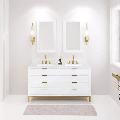 Water Creation Bristol 60'' Double Sink Carrara White Marble Countertop Bath Vanity in Pure White with Satin Gold Gooseneck Faucets